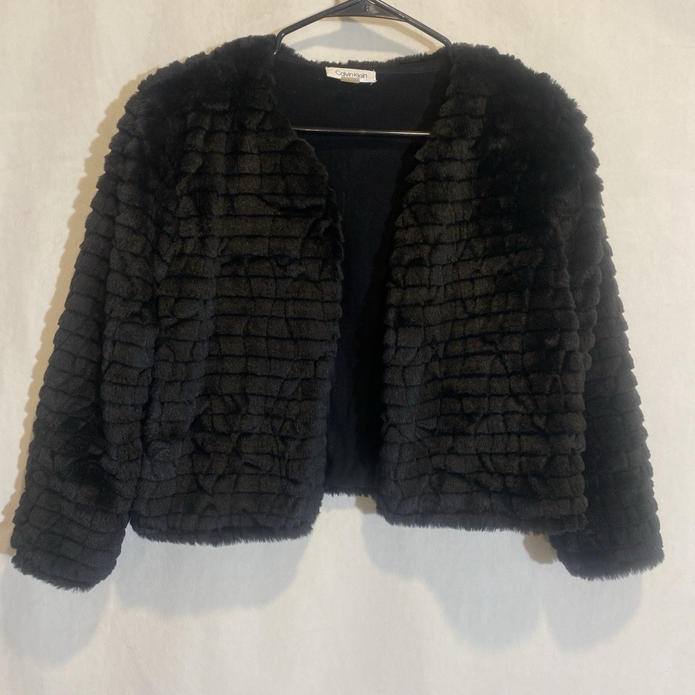 Calvin Klein Black Faux Fur Open Front Jacket Cropped Plush Coat